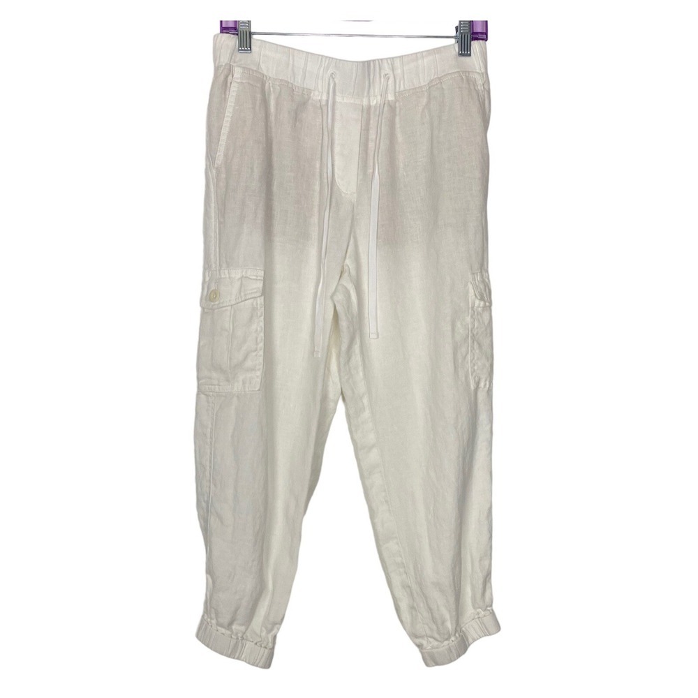 TALBOTS Women 100% Linen Cargo Pants Capri Elastics Waist Sz SP White 7-20